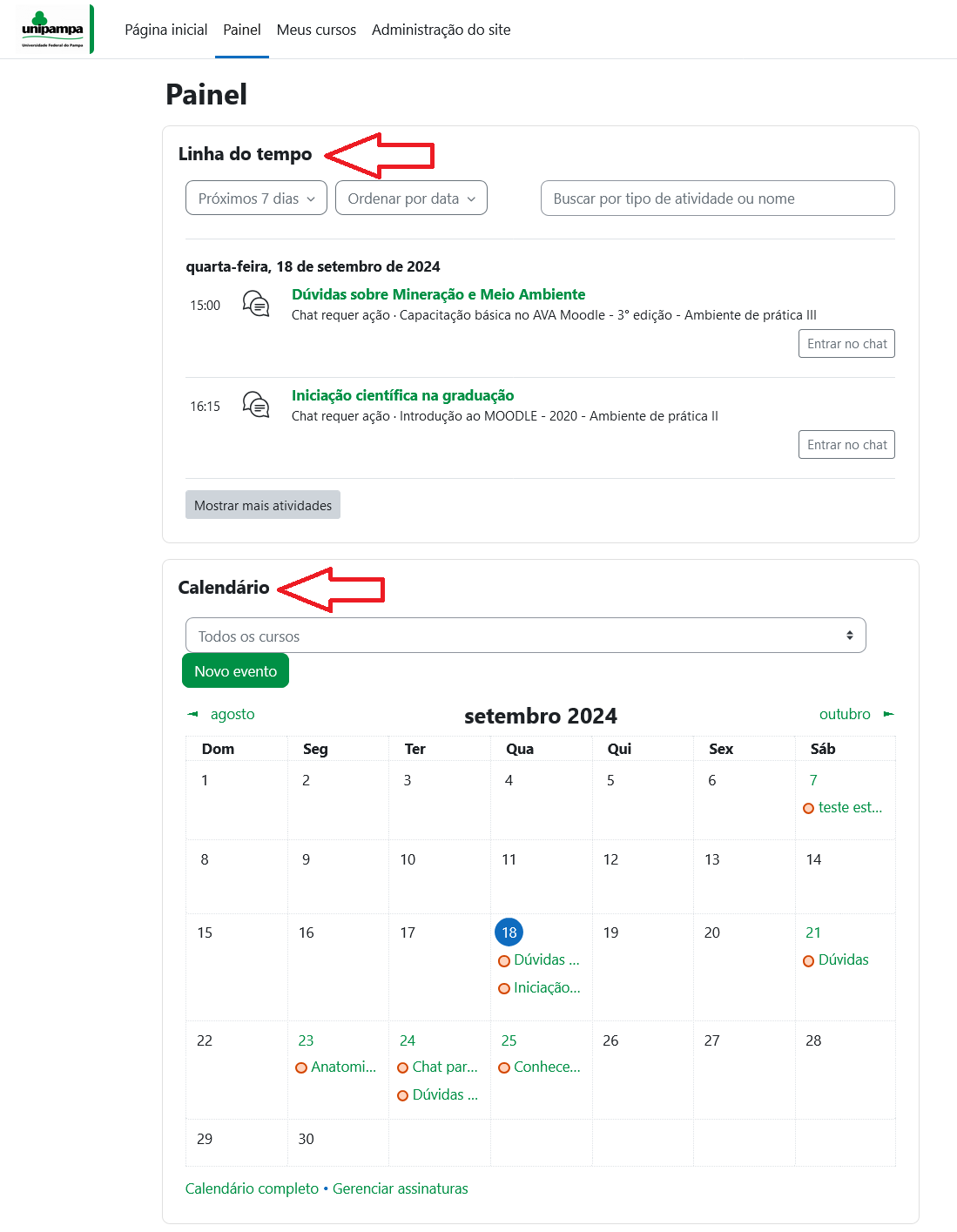 Na linha do tempo, você pode acompanhar suas interações nas disciplinas como:
Tarefas
Participações em fóruns
Questionários
