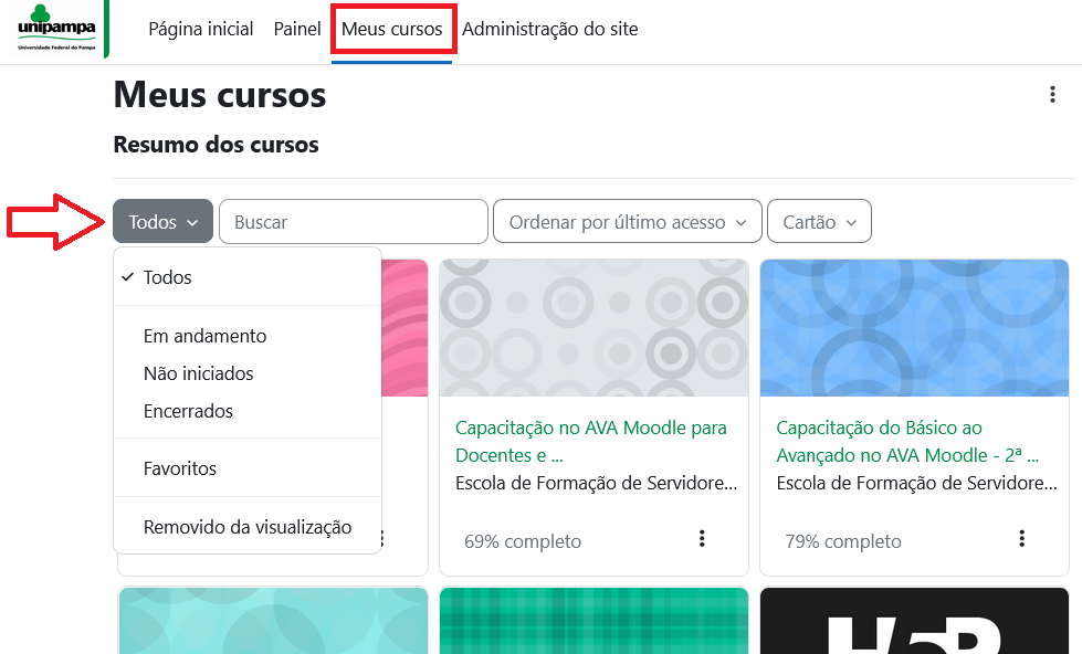 A seção Meus Cursos permite visualizar todos os cursos nos quais você está matriculado 