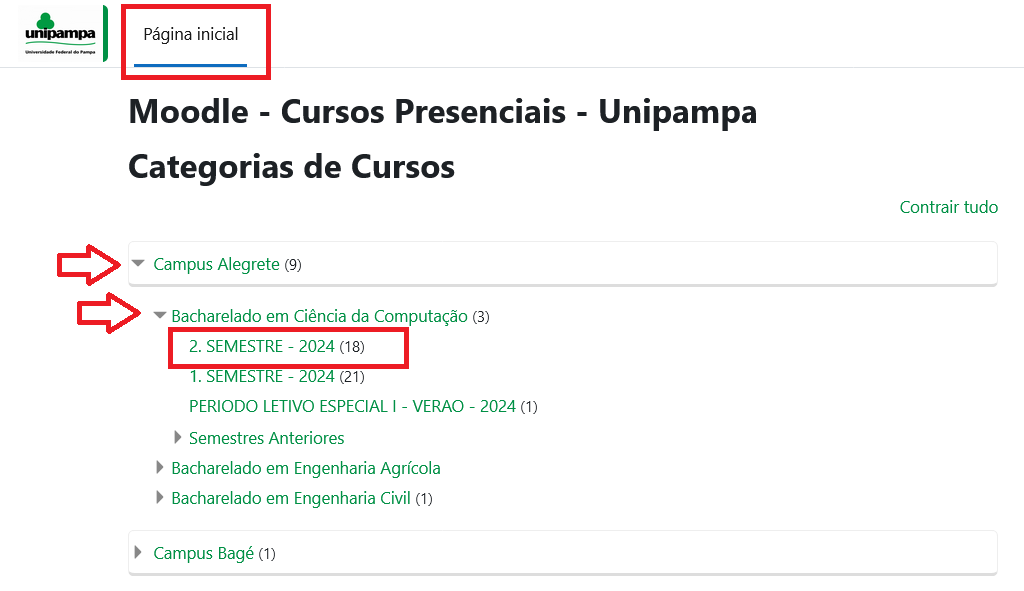 A navegação pode ser feita:
Moodle Presencial: organizado por campus, curso e semestre.
Moodle EaD: dividido por graduação.